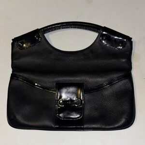 TALBOTS HANDBAG/CLUTCH PATENT AND FAUX LEATHER TOP HANDLE AND FOLD OVER DESIGN